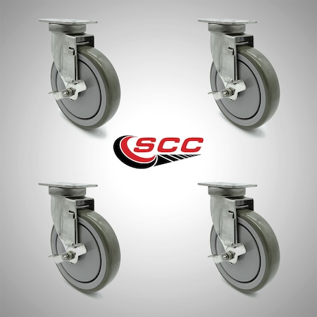 Service Caster 6 Inch SS Gray Polyurethane Swivel Top Plate Caster Set with Brake SCC SCC-SS20S614-PPUB-TLB-4